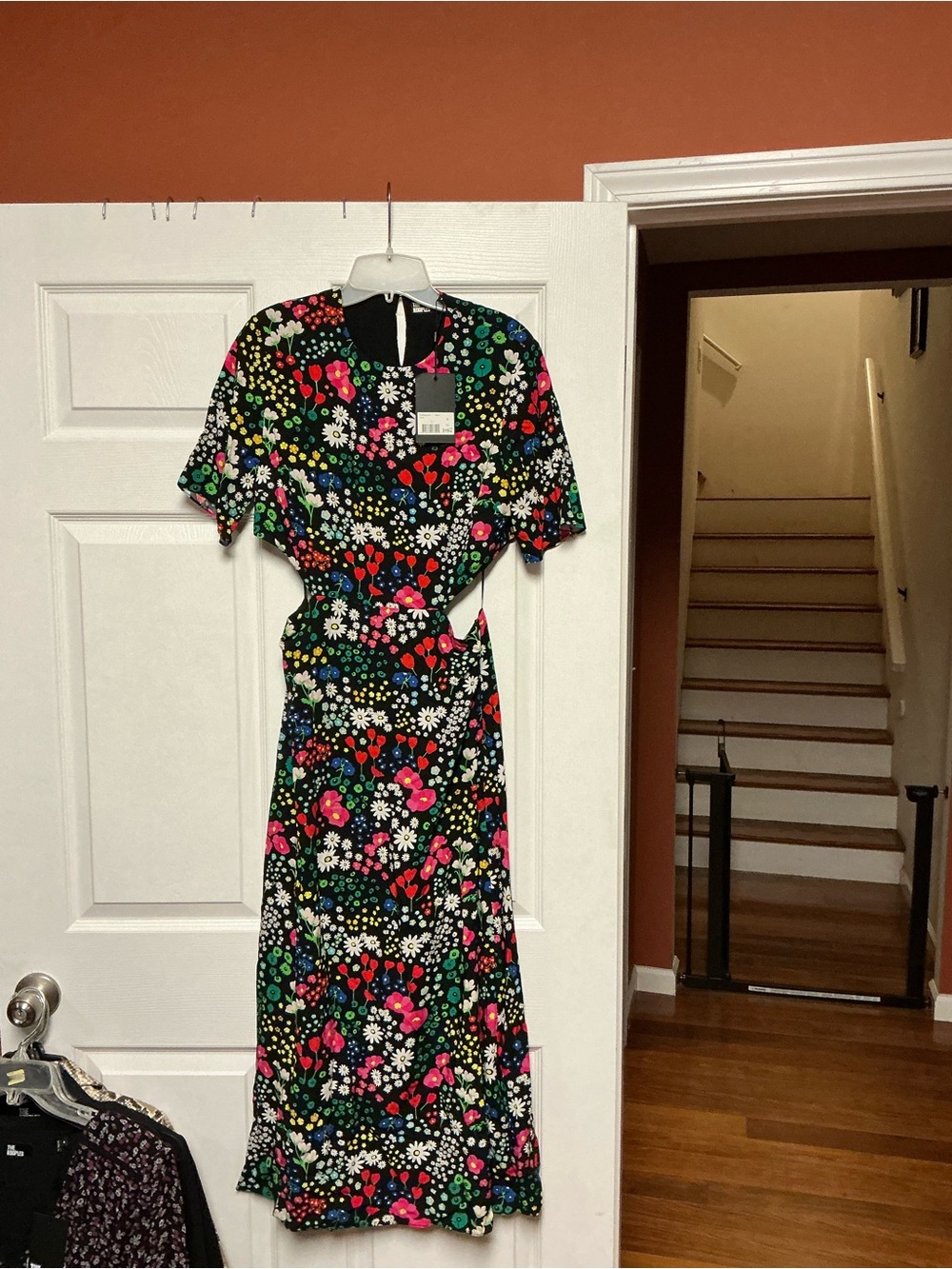 The Kooples Black Floral Midi Dress with Pink, Red and Green Accents